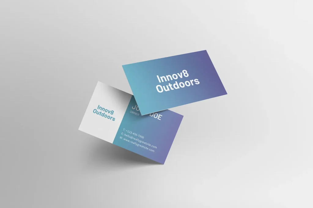 Innov8 Outdoors business card mockups showcasing brand identity design.