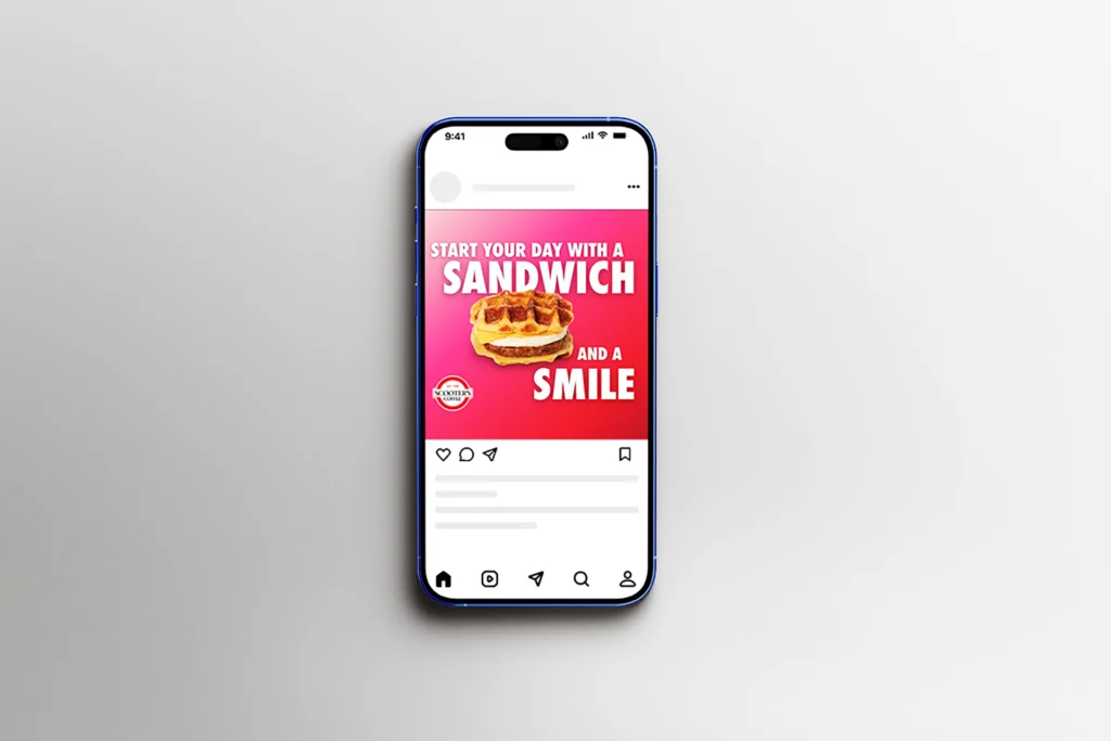 Scooters digital advertisement displayed on a smartphone promoting a breakfast sandwich.